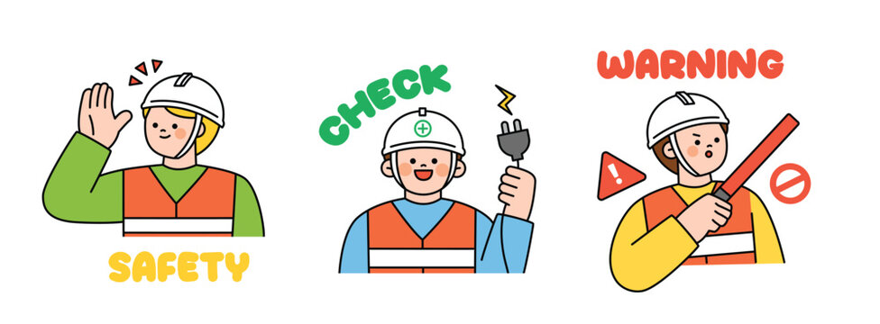 Cute human character explaining construction site safety rules. Safety, checklist, danger warning.