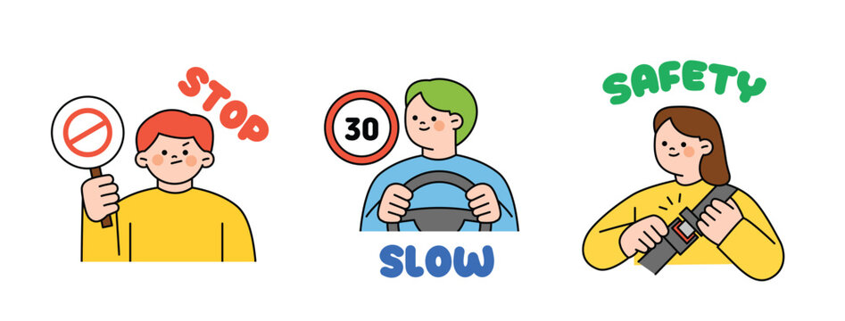 Traffic safety manual for drivers. Person holding a stop sign. Man driving and speed sign. A person wearing a seat belt.
