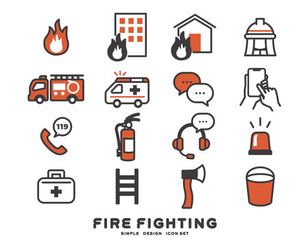 シンプルで使いやすい、消防や火事に関するベクターイラスト素材／消防士／火災／レスキュー
