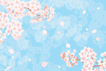 満開の桜と桜吹雪のイラスト、春のイメージの背景素材 © tukinoto