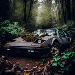 Obraz na płótnie Canvas Abandoned Ferrari 308 GTS in the woods