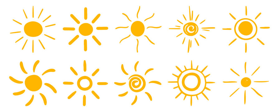 Sun icons design graphic bundle collection. Hand drawn doodle nature heat symbol.