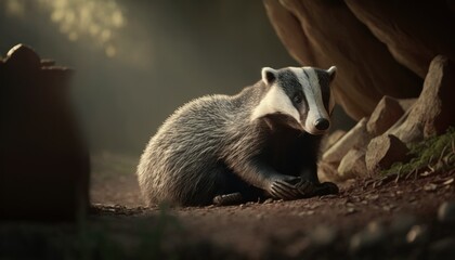 Beautiful Artistic Designer Cinematic Portrait of a Badger Animal in its Natural Habitat: Celebrating Cute Creatures, Wildlife, Biology, Nature, and Biodiversity (generative AI