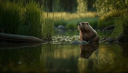 Fototapeta premium Beautiful Artistic Designer Cinematic Portrait of a Beaver Animal in its Natural Habitat: Celebrating Cute Creatures, Wildlife, Biology, Nature, and Biodiversity (generative AI