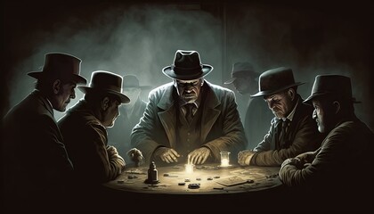 A group of gangsters playing poker around dark room with lights and smoke. Generative AI - obrazy, fototapety, plakaty
