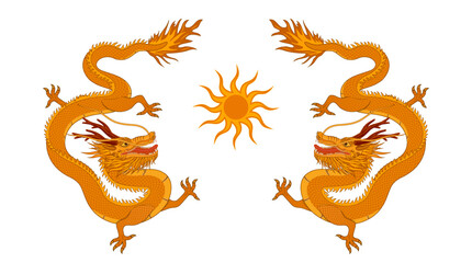 Vector illustration material of two Chinese dragons fighting for the sun