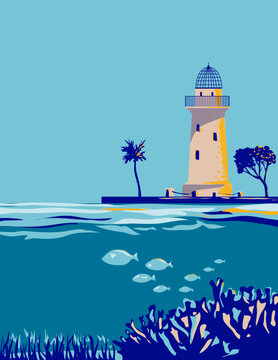 WPA poster art of the Boca Chita Lighthouse in upper Florida Keys in Biscayne National Park, Miami Dade County, Florida USA done in works project administration style or federal art project style.