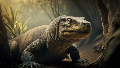 Obraz premium Beautiful Artistic Designer Cinematic Portrait of a Komodo Dragon Animal in its Natural Habitat: Celebrating Cute Creatures, Wildlife, Biology, Nature, and Biodiversity (generative AI