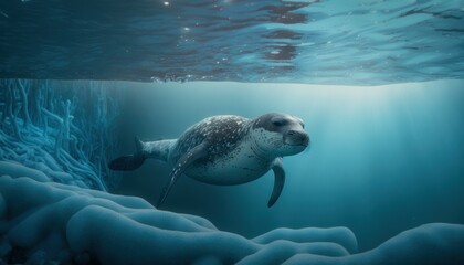 Obraz premium Beautiful Artistic Designer Cinematic Portrait of a leopard seal Animal in its Natural Habitat: Celebrating Cute Creatures, Wildlife, Biology, Nature, and Biodiversity (generative AI