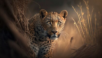 Beautiful Artistic Designer Cinematic Portrait of a Leopard Animal in its Natural Habitat: Celebrating Cute Creatures, Wildlife, Biology, Nature, and Biodiversity (generative AI
