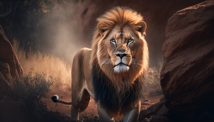 Naklejka premium Beautiful Artistic Designer Cinematic Portrait of a Lion Animal in its Natural Habitat: Celebrating Cute Creatures, Wildlife, Biology, Nature, and Biodiversity (generative AI