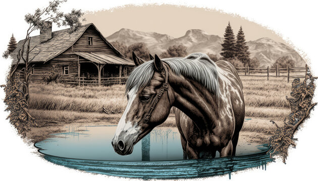 "Western Horse Art with Barn and Stream" - a stunning artwork of a majestic horse in a western style, with a background featuring a barn and a stream