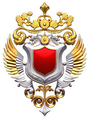 Luxury gold and silver winged heraldic medal. Red shield frame. Isolated on a transparent background. PNG, Generative AI