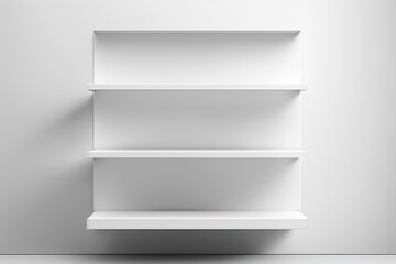 A white wall with an empty shelf. background scene for a template. Banner in the horizontal orientation. Generative AI