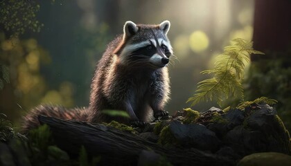 Beautiful Artistic Designer Cinematic Portrait of a Raccoon Animal in its Natural Habitat: Celebrating Cute Creatures, Wildlife, Biology, Nature, and Biodiversity (generative AI