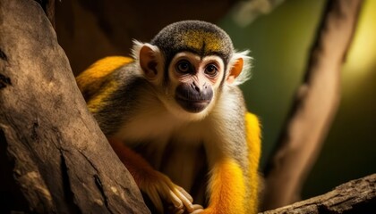 Obraz premium Beautiful Artistic Designer Cinematic Portrait of a Squirrel Monkey Animal in its Natural Habitat: Celebrating Cute Creatures, Wildlife, Biology, Nature, and Biodiversity (generative AI