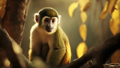 Obraz premium Beautiful Artistic Designer Cinematic Portrait of a Squirrel Monkey Animal in its Natural Habitat: Celebrating Cute Creatures, Wildlife, Biology, Nature, and Biodiversity (generative AI