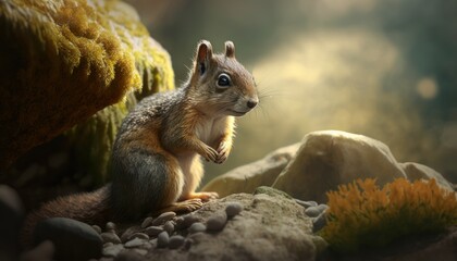 Fototapeta premium Beautiful Artistic Designer Cinematic Portrait of a Squirrel Animal in its Natural Habitat: Celebrating Cute Creatures, Wildlife, Biology, Nature, and Biodiversity (generative AI