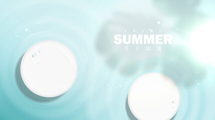 Summer background design with Empty white circle and Tropical monstera leaf shadow on blue water.