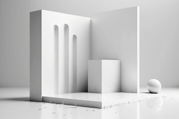 basic white podium with stone and water against white concrete wall. drawing. Generative AI
