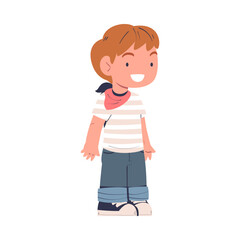 Cute cheerful preschool boy in casual outfit cartoon vector illustration