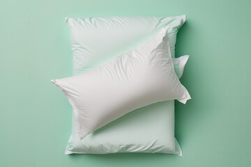 Top view of a mockup white bed with a pastel green background, a white pillow cover, a white bed sheet, and a white blanket. Generative AI