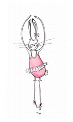Cute bunny ballerina colorful vector illustration. Cartoon hand drawn bunny in pink
