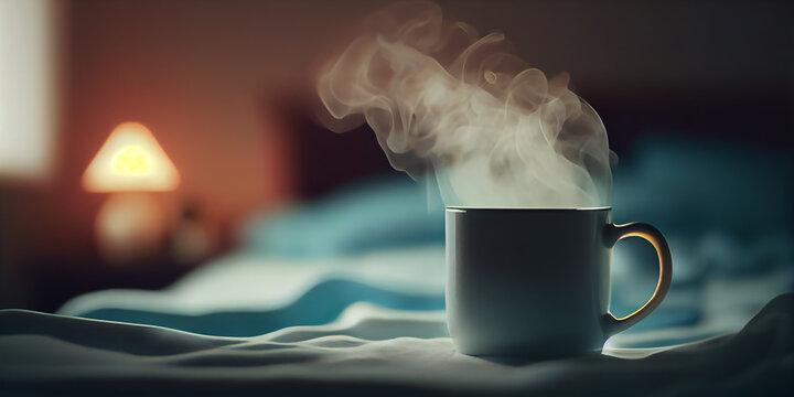Close up hot coffee cup against the bed at night time. Generative AI.