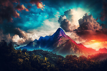 Sunset over the mountains. Sunrise in the tropical mountain wallpaper. Cloud. Bright blue sky. Ai generated