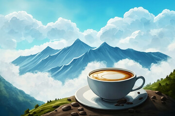 A cup of coffee in mountain landscape background. Ai generated