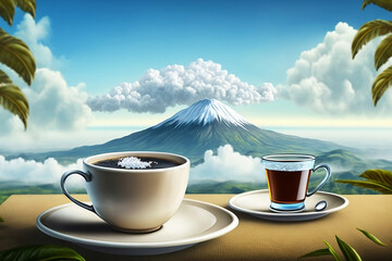 A cup of coffee in mountain landscape background. Ai generated