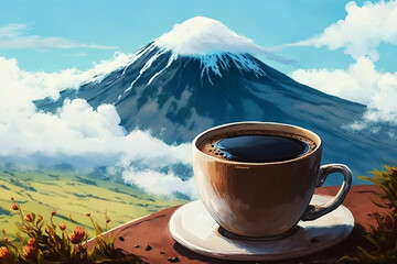 A cup of coffee in mountain landscape background. Ai generated