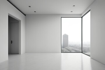 Fototapeta premium Interior blank wall with white wooden floor and city view. Mockup,. Generative AI