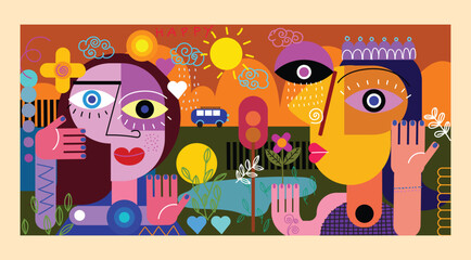 Obraz na płótnie Canvas Group of various people abstract shapes, line , colorful, modern art vector illustration. Portrait figure design for wall art, cards, poster, cover and prints.