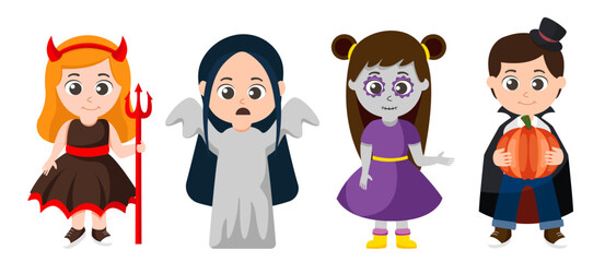 Halloween character vector set. Kids cartoon wearing Halloween costumes