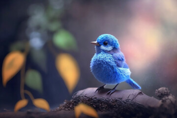 Realistic cute blue twitter bird, focus on a small the bird, the background is bokeh a beautiful landscape, made with generative ai