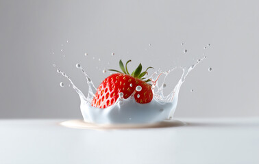An strawberry looks very realistic, falling on the milk, on white background, made with generative ai, made with generative ai