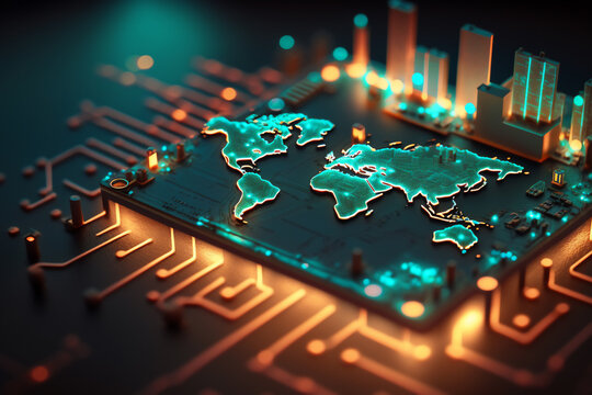 printed circuit board with A World map drawn in neon lines up on neon teal circuit board, made with generative ai
