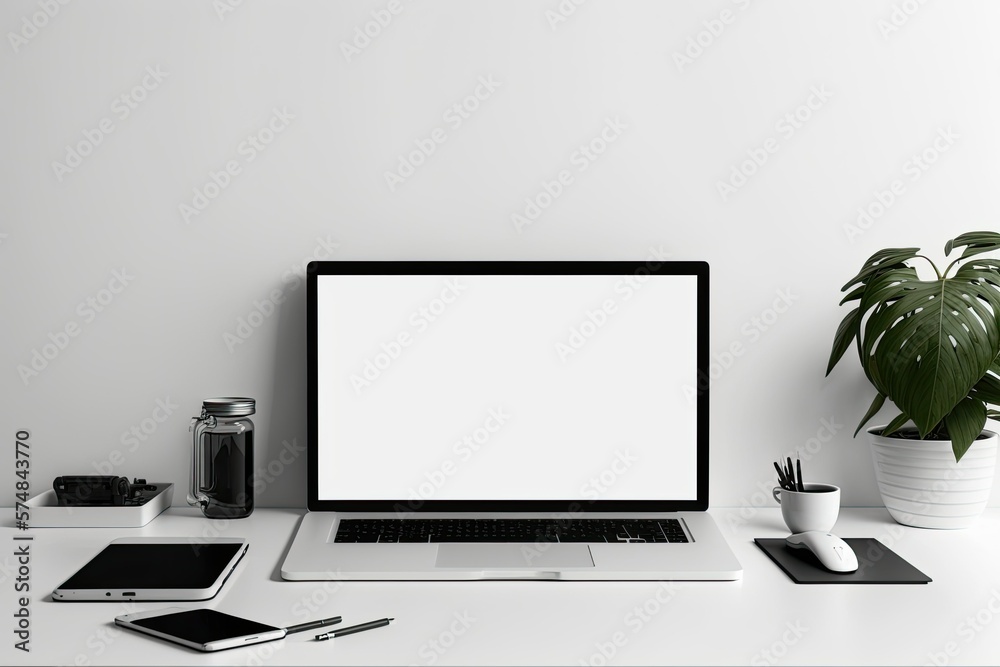 Canvas Prints Modern workspace with blank laptop and office supplies on white wall. Generative AI