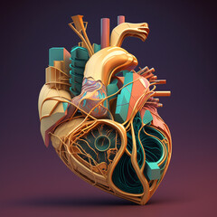 Heart care concept. Abstract stylized illustration. Cardiac anatomy and physiology. Artificial organ. World heart day. AI Generated