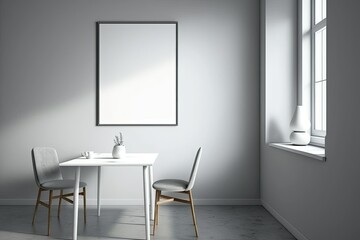 Corner view of a dining room with a white empty poster, table, seats, concrete floor, dishes, and gray walls. minimalism. Originality. mockup. Generative AI