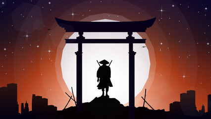 silhouette of a samurai in the night background. Japanese samurai wallpaper for desktop. Samurai with full moon wallpaper. © riansa28