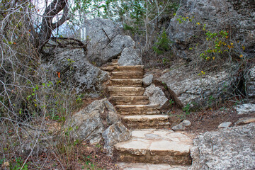 A Flagestone staircase and footpath going up the hill between geological boulders at the Pedernales Falls State Park as part of the Texas Hill Country. © Brigitte Thompson
