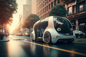 Autonomous car on the road, Future transportation concept electric cargo vehicle , traffic in the city urban public, generative ai