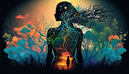 Nature, early woman, silhouette, beautiful lady, one with the world, gaia - generative ai - obrazy, fototapety, plakaty