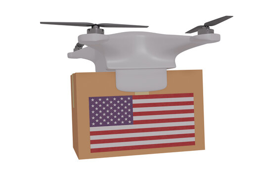 Drone Delivering a Package With the Flag of  - The United States