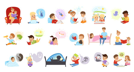 Kids imagination. Curious boys and girls reading fairy tales developing imagination. Entertainment and educational literature cartoon vector Illustration