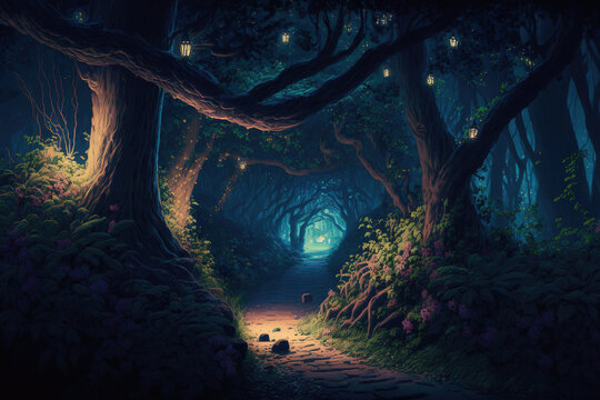 Fantasy cartoon nighttime woodland landscape. Generative AI