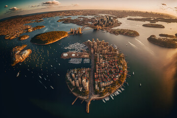 Obraz premium Beautiful wide angle panoramic aerial drone shot of cityscape with bridge. Generative AI