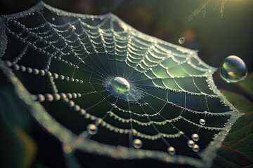 Morning spider web with dew drops. Water moisture on the delicate silk web. Spring closeup.
